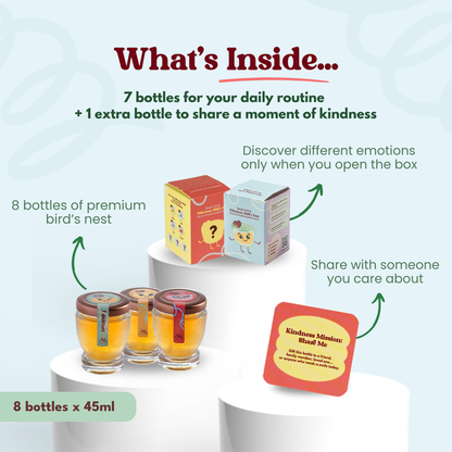 Product packaging with text about bottles for daily routine and kindness mission.