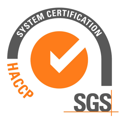 A certification-style graphic with a large orange circle containing a white check mark, a dark gray arch reading 'SYSTEM CERTIFICATION,' orange text reading 'HACCP,' and the SGS logo at the bottom right on a white background.